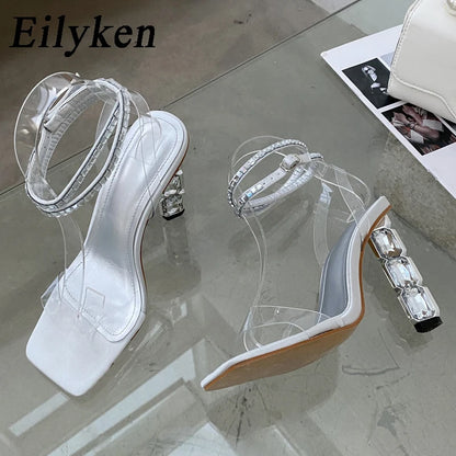 Eilyken Summer Crystal Embellished High Heel Sandals Women Diamond Open Toe Ankle Strap Silk Satin Rhinestone Banquet Shoes