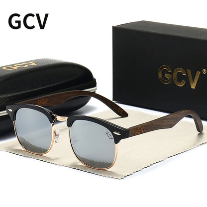 GCV Handmade Classic Leading Par Wooden Sunglasses Men Women Polarized UV400 Protection Semi-Rimless Retro Eyewear Oculos Party