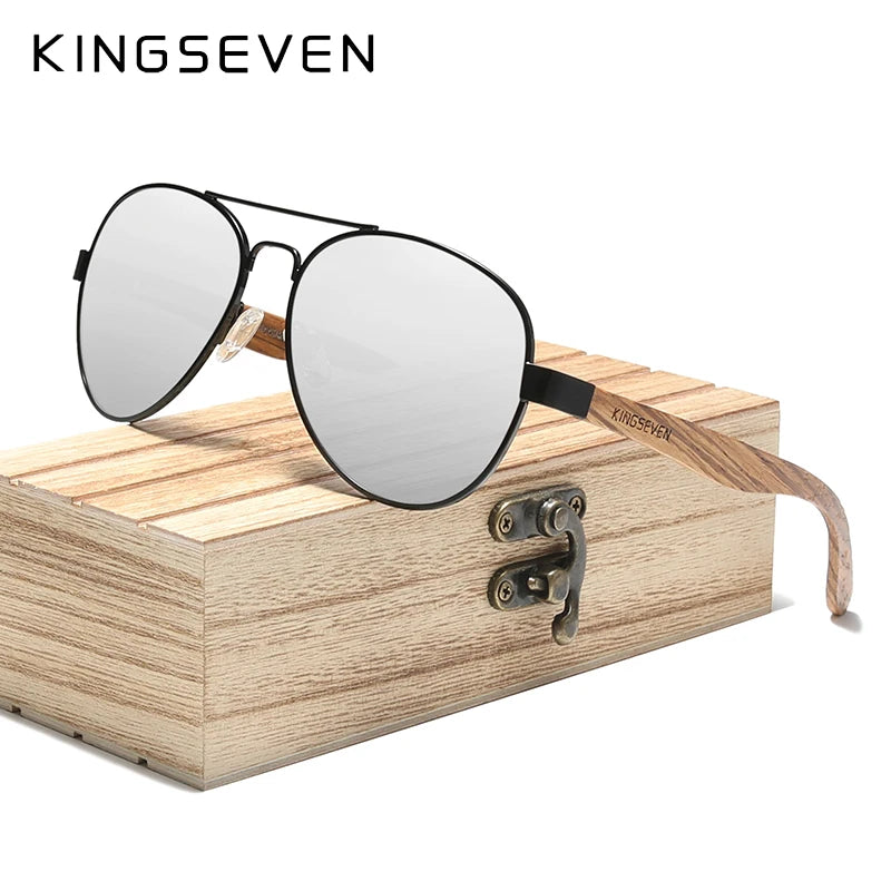 KINGSEVEN Men's Polarized Sunglasses High Quality Natural Zebra Wood Alloy Frame Women UV400 Glasses HD Lens Pilot Eyewear