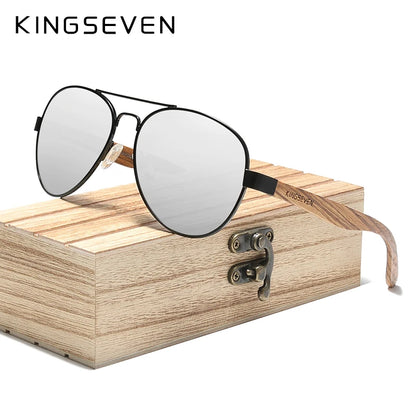 KINGSEVEN Men's Polarized Sunglasses High Quality Natural Zebra Wood Alloy Frame Women UV400 Glasses HD Lens Pilot Eyewear