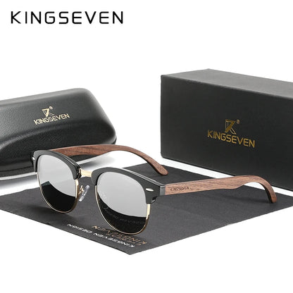 KINGSEVEN New Walnut Wooden Sunglasses For Men Polarized Semi-Rimless Glasses UV400 Eye Protection Retro Eyewear Women Accessory