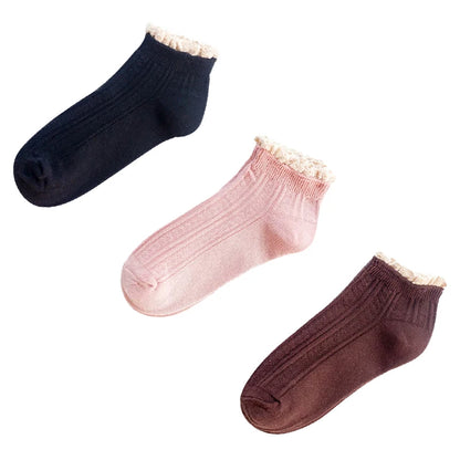 3 Pairs Fashion Lace Ruffles Soft Cotton Women Socks Solid Spring Summer Cute Sweet Princess Girl Cozy Lovely Frilled Socks