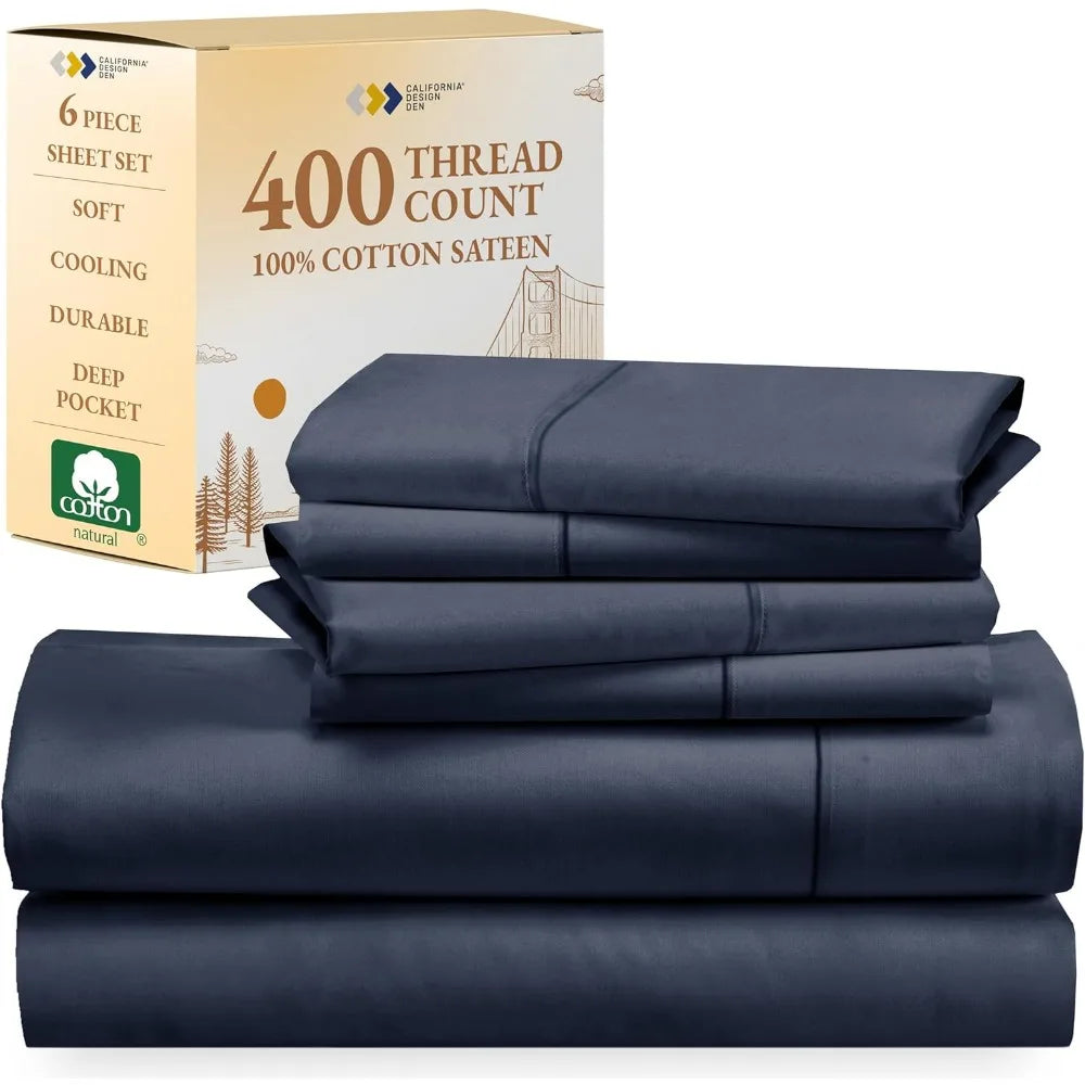 Full Sheet Set 6-Pc Queen Size Sheet Set With 4 Pillowcases - 400 Thread Count 100% Cotton Sheets Cooling Sateen Weave Sets Bed