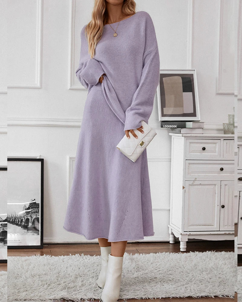 Hirsionsan Sexy Soft Elegant Vintage Women Suits 2 Pieces Female Sets Slash Neck Sweater & Midi Dress OL Style Knitted TrackSuit