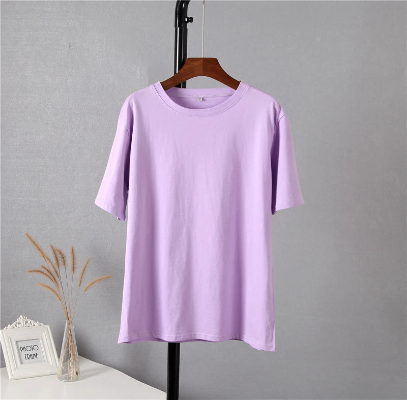 Hirsionsan Basic Cotton T Shirt Women Summer New Loose Solid Tees 19 Color Casual Loose Tshirt Oversized O Neck Female Tops