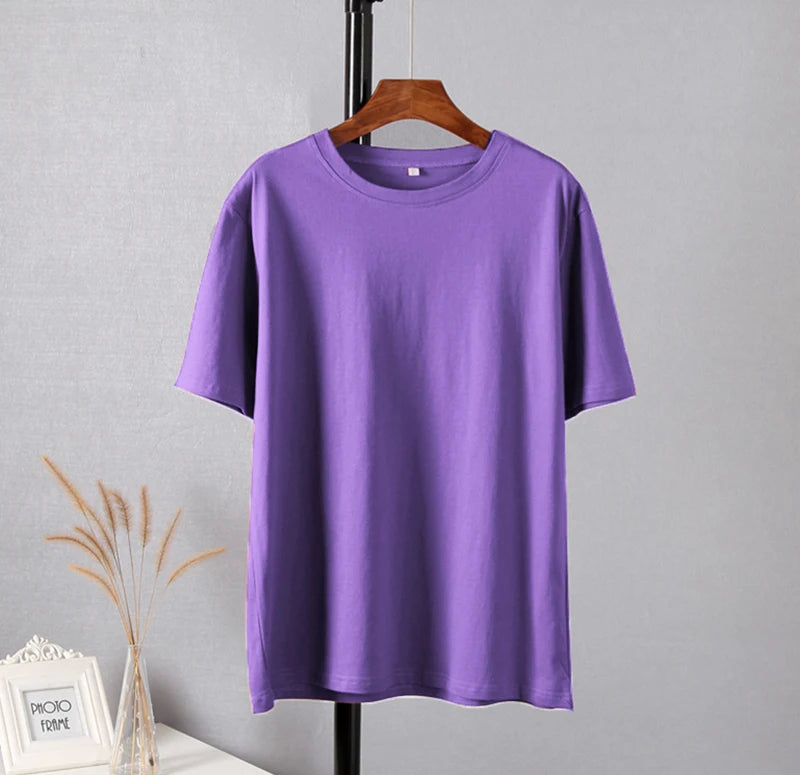 Hirsionsan Basic Cotton T Shirt Women Summer New Loose Solid Tees 19 Color Casual Loose Tshirt Oversized O Neck Female Tops