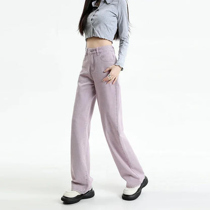 ZOENOVA Korean Long Trousers Casual Denim Pants Simple Female Spring Straight Loose Women's Wide Leg Jeans Pink Purple Red