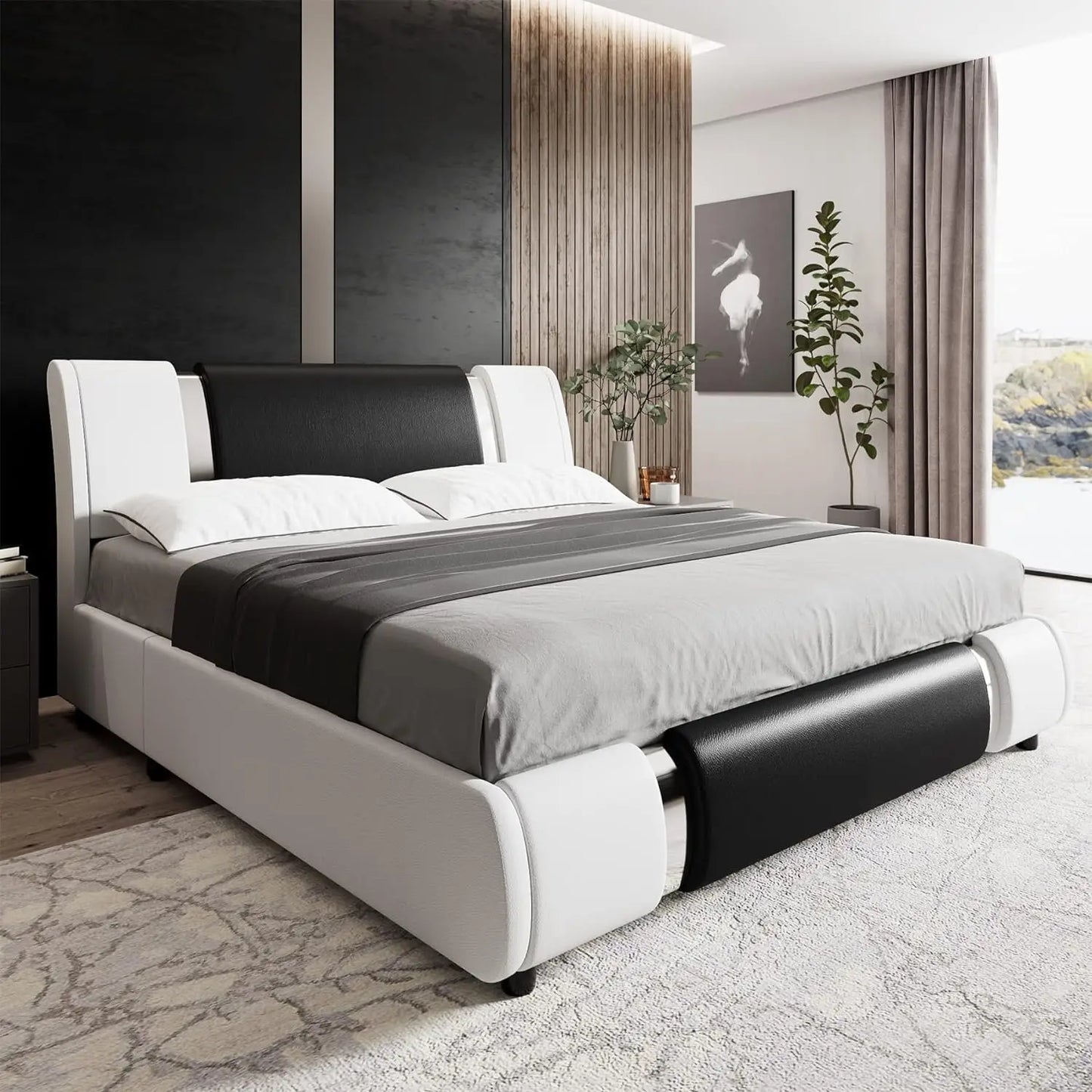 Modern Faux Leather Upholstered Platform Bed Frame with Iron Metal Decor, Adjustable Curved Headboard, Beds