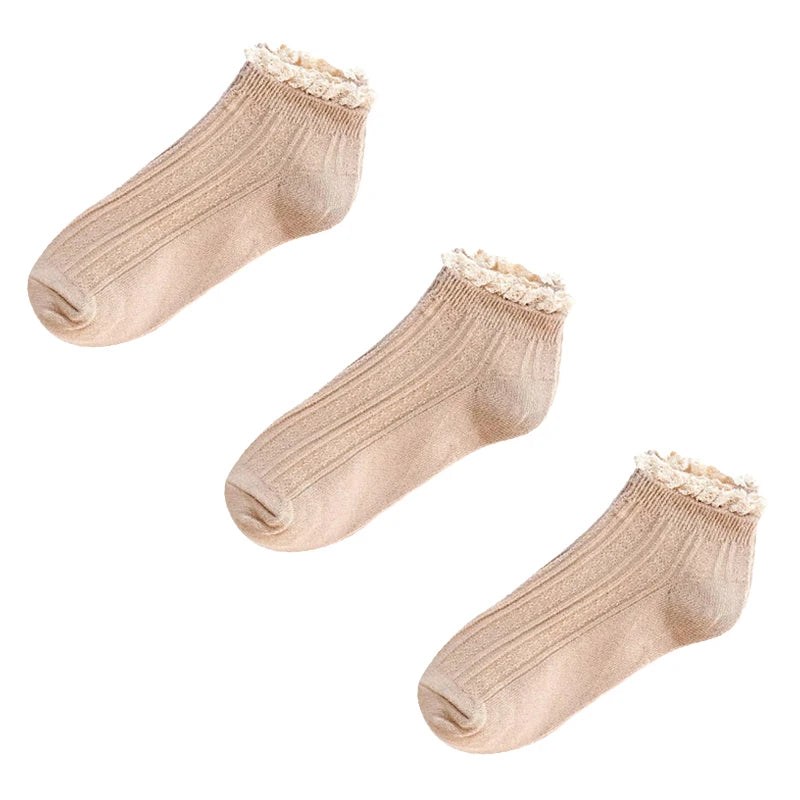 3 Pairs Fashion Lace Ruffles Soft Cotton Women Socks Solid Spring Summer Cute Sweet Princess Girl Cozy Lovely Frilled Socks