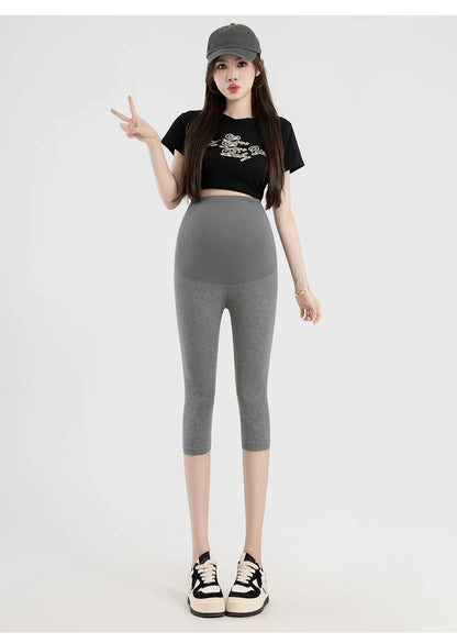 Summer Maternity 95% Cotton Leggings Stretched Pregnant Woman Belly Pants Skinny Mid-calf Sports Trousers Capri Pants Thin