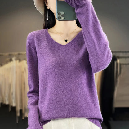 100% Pure Wool Soft Sweater Women Autumn Winter First Line Seamless Low V-neck Pullover Basis Casual Cashmere Warm Knitting Top