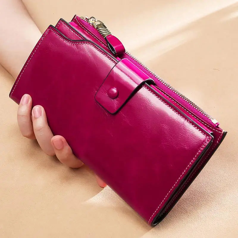 RFID Blocking Genuine Leather Women Wallet Long Lady Leather Purse Brand Design Luxury Oil Wax Leather Female Wallet Coin Purse