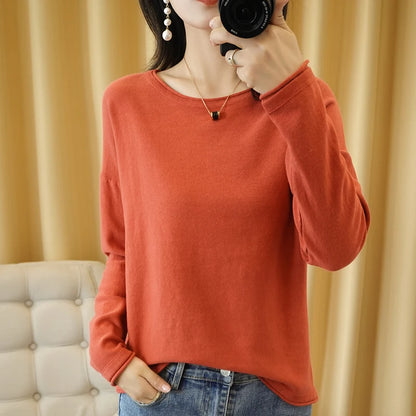 100% Cotton Women Knit Sweater Crimped Edge O-Neck Pullover Bottoming Pure Cotton Sweater Spring Autumn New Tops Clothes