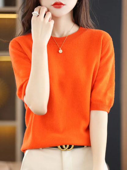 New Short-sleeved Knitwear Women O-neck T-shirt Wool Cotton Blend Pullover Vest Sprig Summer Bottoming Tops Sweater Solid Soft