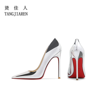 Black high heels, women's slim heels, pointed patent leather, sexy, professional shallow mouth, spring/summer new red soles