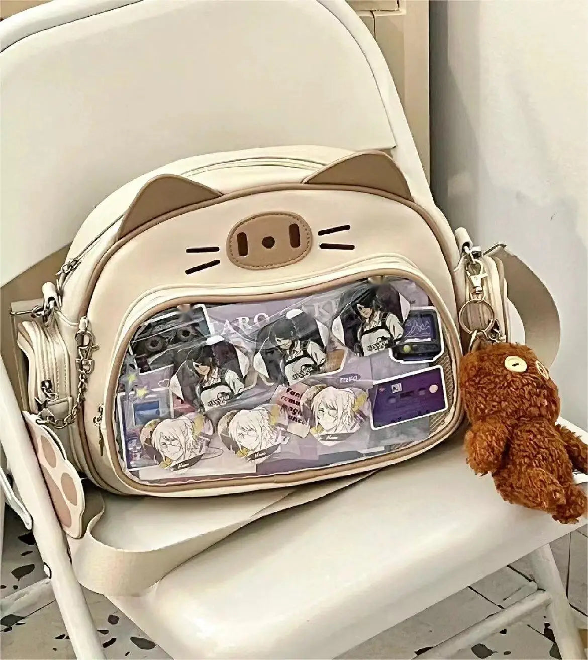 JIAERDI Kawaii Cat Ita Bag Lolita Y2K Backpack Female Cute PU Shoulder Bag Girl Transparent Pocket Harajuku Crossbody Bag Women