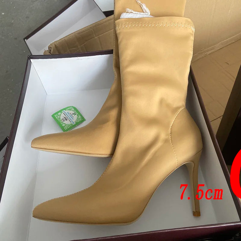 Women 7.5cm 10cm High Heels Silk Sock Boots Green Low Heels Short Ankle Boots Lady Winter Pointed Toe Satin Sexy Shoes