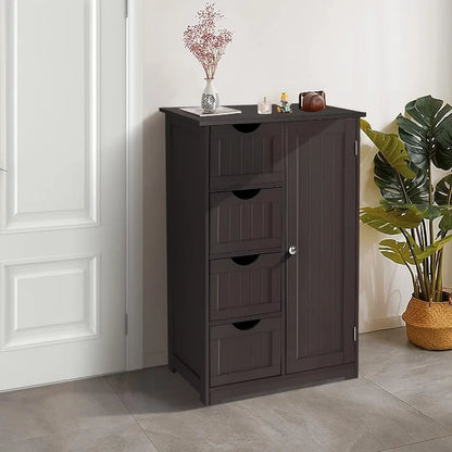 Small Storage Cabinet Wooden Bathroom Floor Cabinet Small Space Furniture White Side Storage Organizer with 4 Drawers