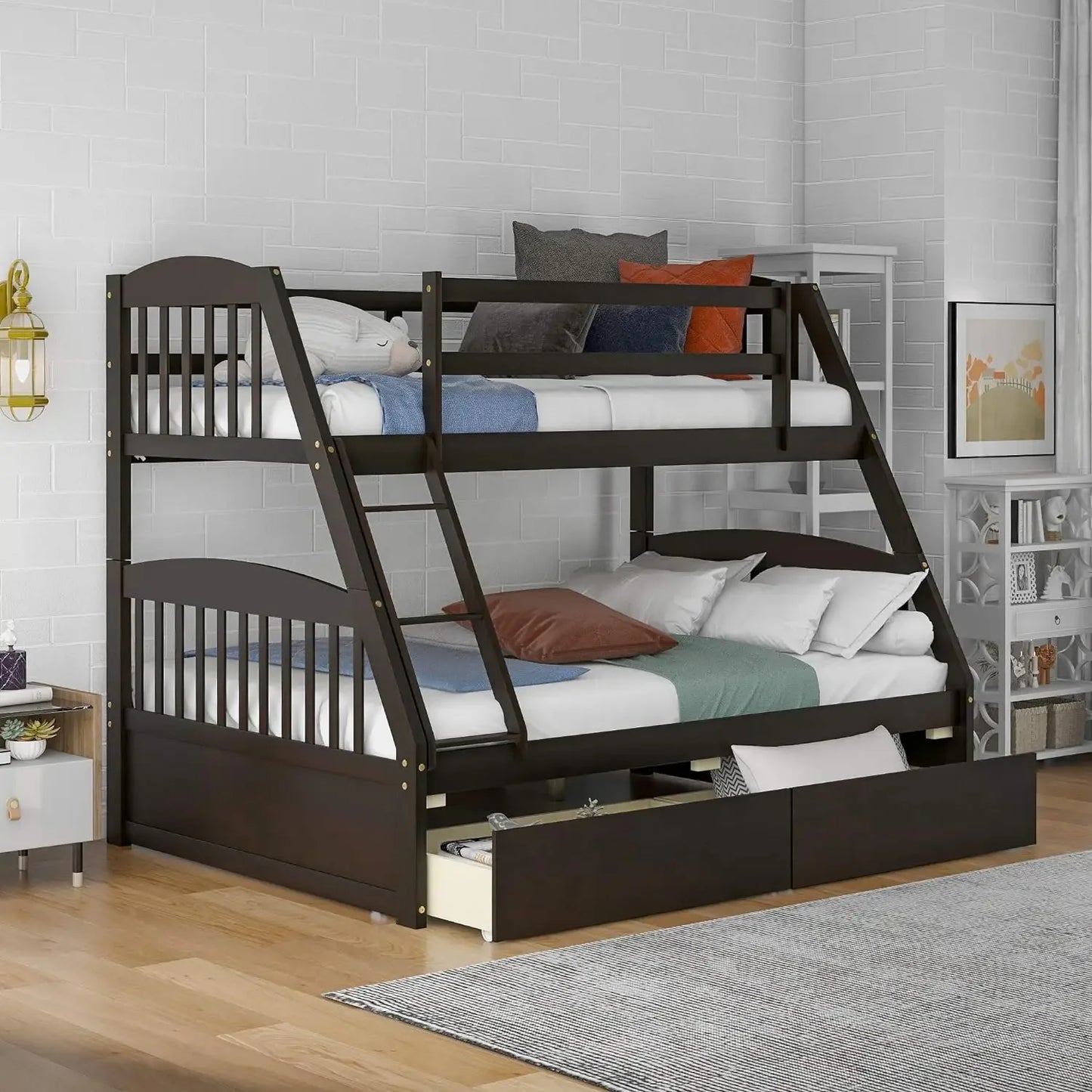 Solid Wood Twin Over Full Bunk Bed with Two Storage Drawer,Convertible to 2 Separated beds (White) bunk beds for kids