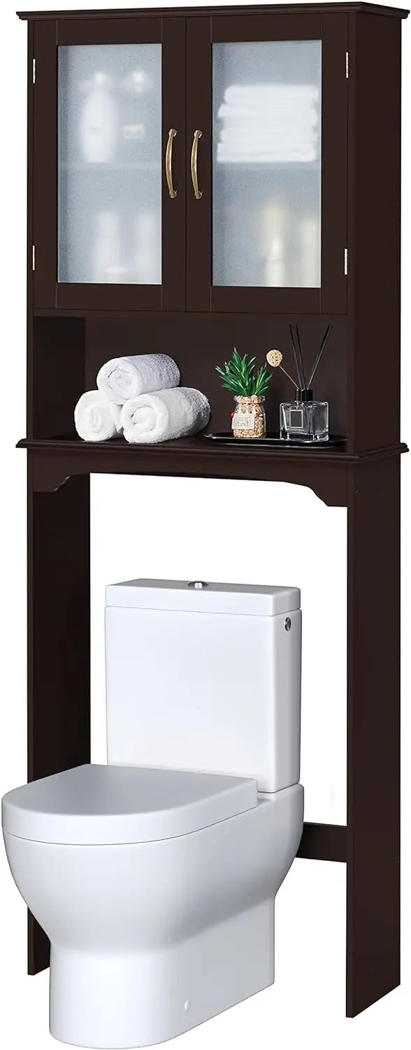 Over The Toilet Storage Cabinet with Double Tempered Glass Doors and Adjustable Shelf, Freestanding Bathroom Storage Rack