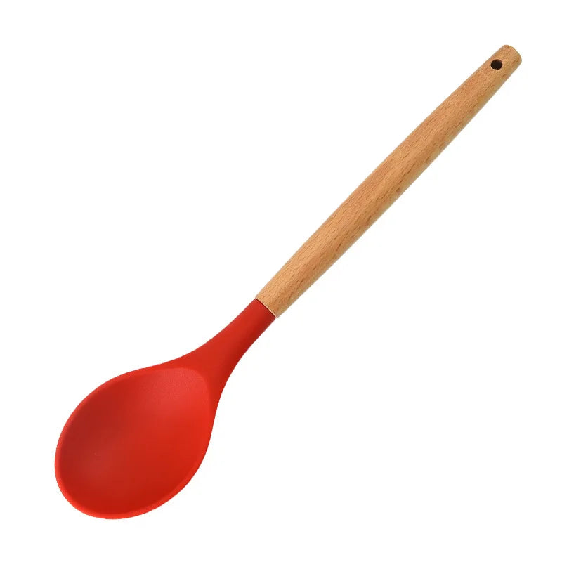 Round Silicone Wooden Handle Soup Spoon Korean Ramen Noodles Bouillon Cooking Long Ladle Japanese Kitchen Tablespoons Tableware