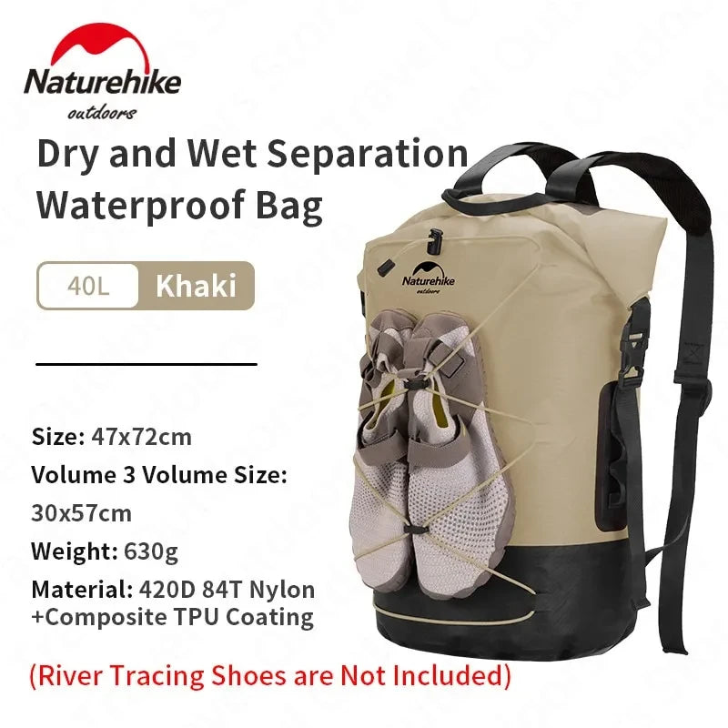 Naturehike TPU 20-40L Waterproof Backpack Dry Wet Separation High Capacity IPX6 Wear Resistant Outdoor Swimming Sport Travel Bag