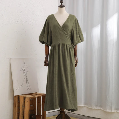 Vintage 100% Cotton Women'S Dress Retro Crepe Gauze V-Neck Puff Sleeve Bandage Lace Up Elegant Dresses For Women Long Maxi Robe