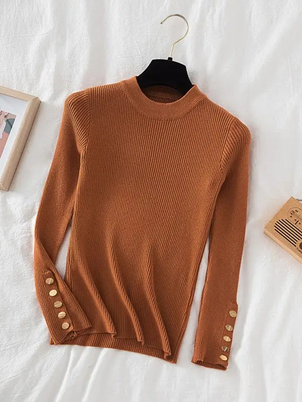 2024 women thick sweater pullovers khaki casual autumn winter button o-neck chic sweater female slim knit top soft jumper tops