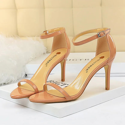 Women 8cm 11cm High Heels Sandals Gladiator Platform Strap Glossy Leather Pumps Lady Nude Low Heels Party Shoes