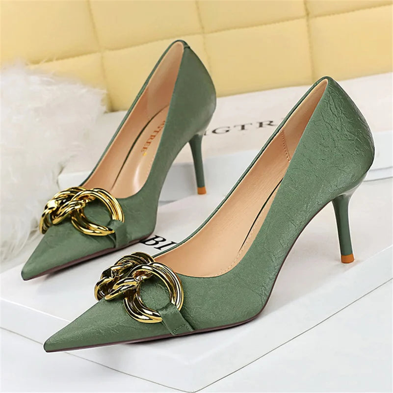 Women 7.5cm 9.5cm High Heels Escarpins Pumps Lady Metal Chain Low Heels Nightclub Slim Fit Party Green Office Prom Shoes