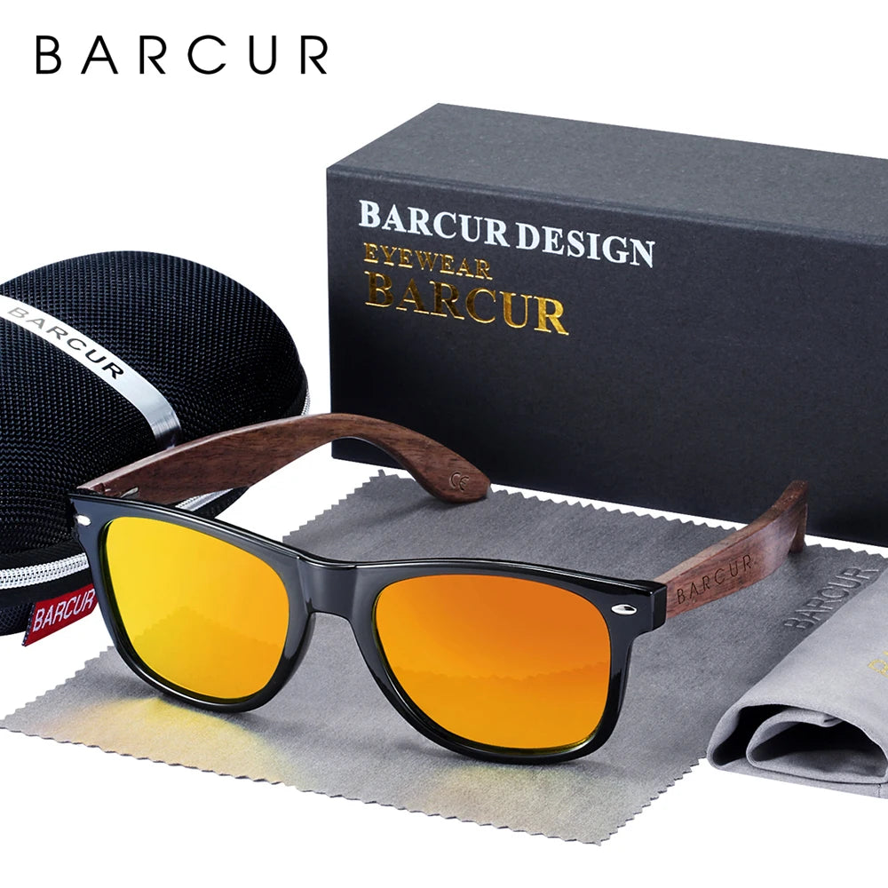 BARCUR Black Walnut Sunglasses Wood Polarized Sunglasses Men Glasses Men UV400 Protection Eyewear Wooden Original Box