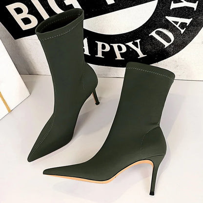 Women 7.5cm 10cm High Heels Silk Sock Boots Green Low Heels Short Ankle Boots Lady Winter Pointed Toe Satin Sexy Shoes