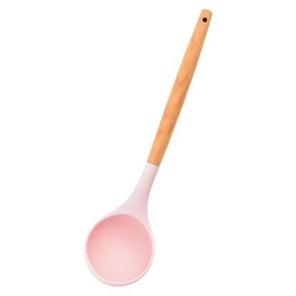 Round Silicone Wooden Handle Soup Spoon Korean Ramen Noodles Bouillon Cooking Long Ladle Japanese Kitchen Tablespoons Tableware