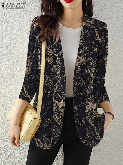 Women Autumn Blazer Retro Printed Coats Casual Long Sleeve Floral Outerwear ZANZEA Female Single Button Lapel Jackets Oversize