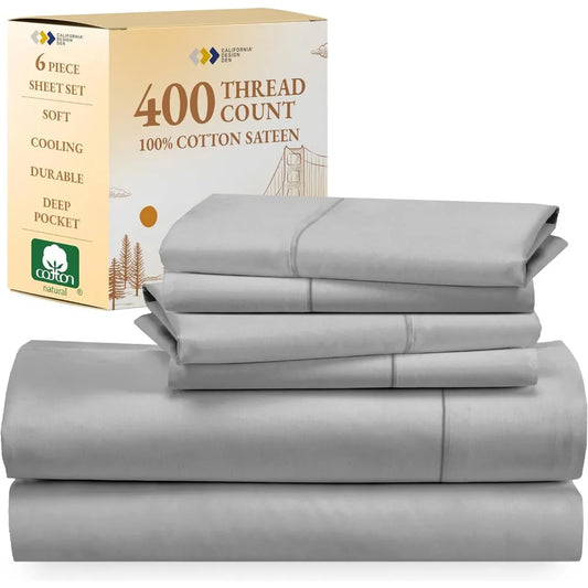 Full Sheet Set 6-Pc Queen Size Sheet Set With 4 Pillowcases - 400 Thread Count 100% Cotton Sheets Cooling Sateen Weave Sets Bed