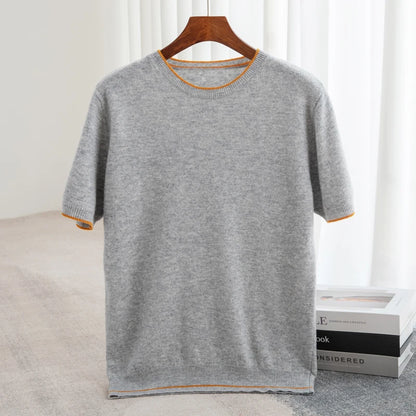 Men's T-shirt Summer New Knitted Tank Top Fashion Color Block Round Neck Pullover Sweater 100% Pure Wool Short sleeved