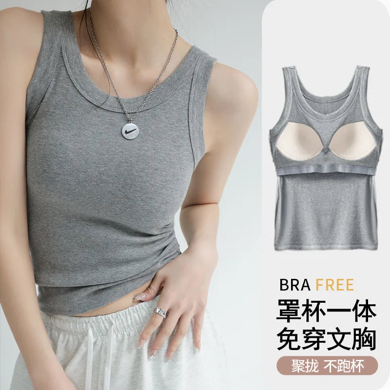 Ribbed Knitted Tops Neck Summer Basic Shirts White Black Casual Sport Vest Off Shoulder Women's Tank TopWith chest pad