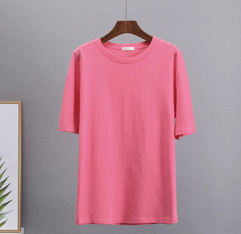 Hirsionsan Basic Cotton T Shirt Women Summer New Loose Solid Tees 19 Color Casual Loose Tshirt Oversized O Neck Female Tops