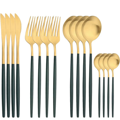 16Pcs Gold Stainless Steel Cutlery Set Knife Fork Spoon Dinnerware Matte Tableware Set Wedding Birthday Silverware Dinner