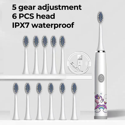 Children Electric Toothbrush Cartoon Kids With Replacement Head Ultrasonic IPX7 Waterproof Rechargeable Sonic Toothbrush