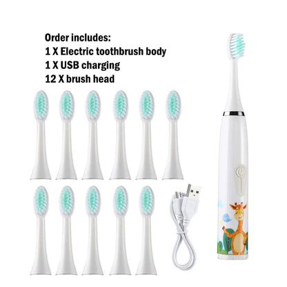 Children Electric Toothbrush Cartoon Kids With Replacement Head Ultrasonic IPX7 Waterproof Rechargeable Sonic Toothbrush