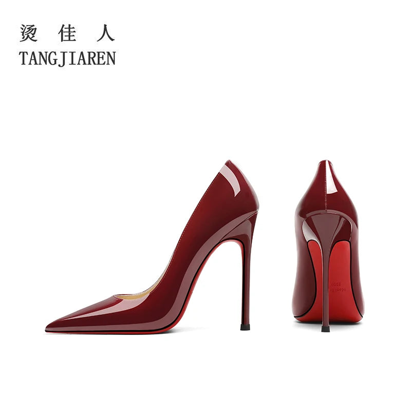 Black high heels, women's slim heels, pointed patent leather, sexy, professional shallow mouth, spring/summer new red soles