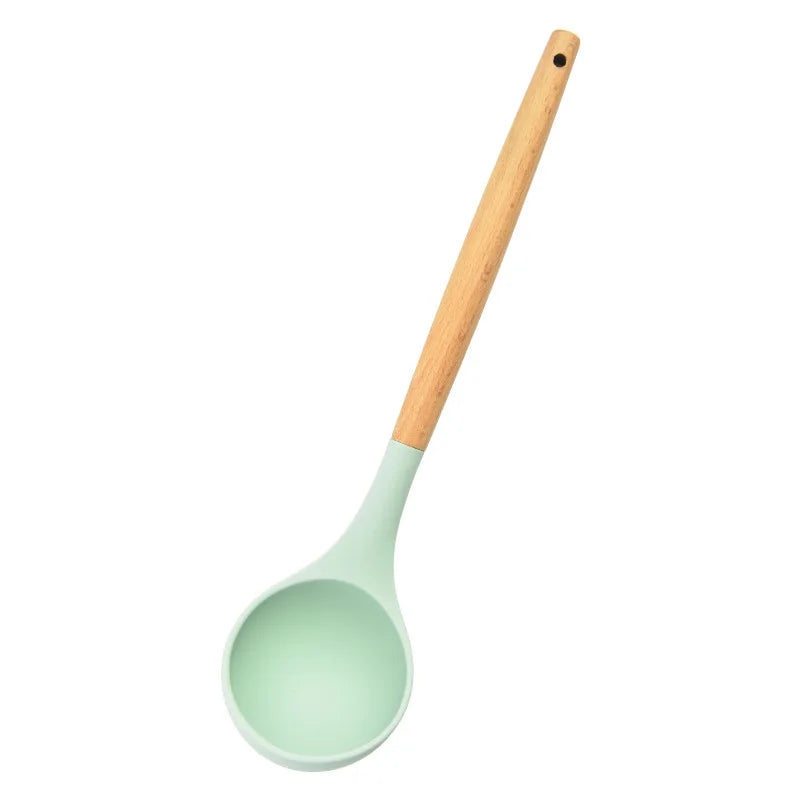 Round Silicone Wooden Handle Soup Spoon Korean Ramen Noodles Bouillon Cooking Long Ladle Japanese Kitchen Tablespoons Tableware