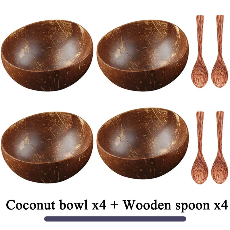 Women 12-15cm Natural Coconut Bowl Dinner Set Handmade Wooden Tableware Wood Spoon Dessert Fruit Salad Mixing Rice Ramen Bowl