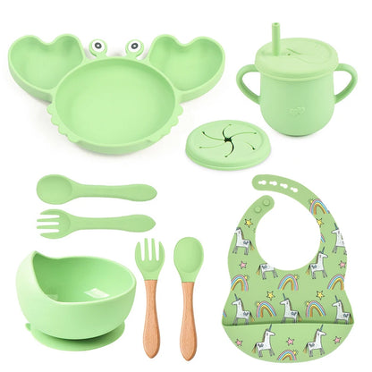 9Pcs Baby Silicone Non-Slip Suction Bowl Plate Spoon Waterproof Bib Cup Set Baby Crab Dishes Food Feeding Bowl for Kids BPA Free