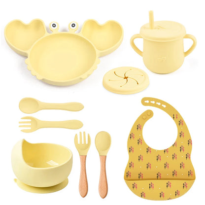 9Pcs Baby Silicone Non-Slip Suction Bowl Plate Spoon Waterproof Bib Cup Set Baby Crab Dishes Food Feeding Bowl for Kids BPA Free