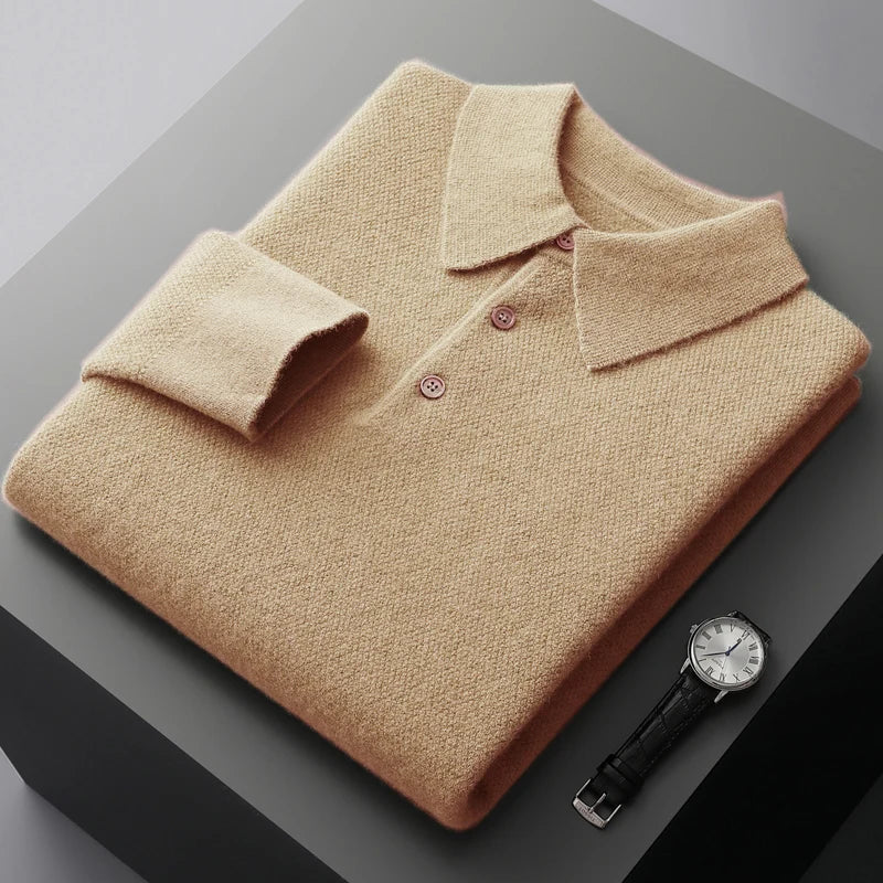 MVLYFLRT 100% Pure Merino Wool Men's POLO Collar Pullover Autumn Winter New Honeycomb Needle Shirt Fashion Knitted Men's Jacket