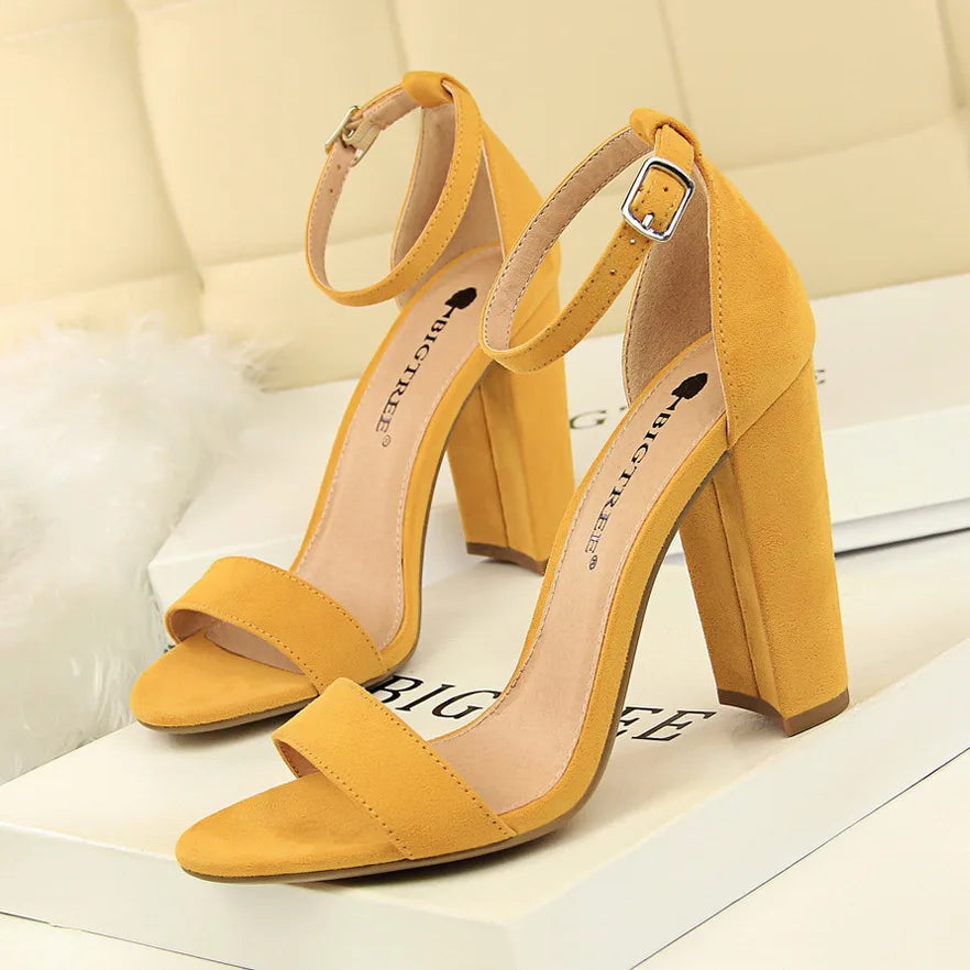 Summer Fashion Classic Women 9.5cm High Heels Sandals Yellow Gladiator Square Block Heels Pumps Strappy Chunky Platform Shoes