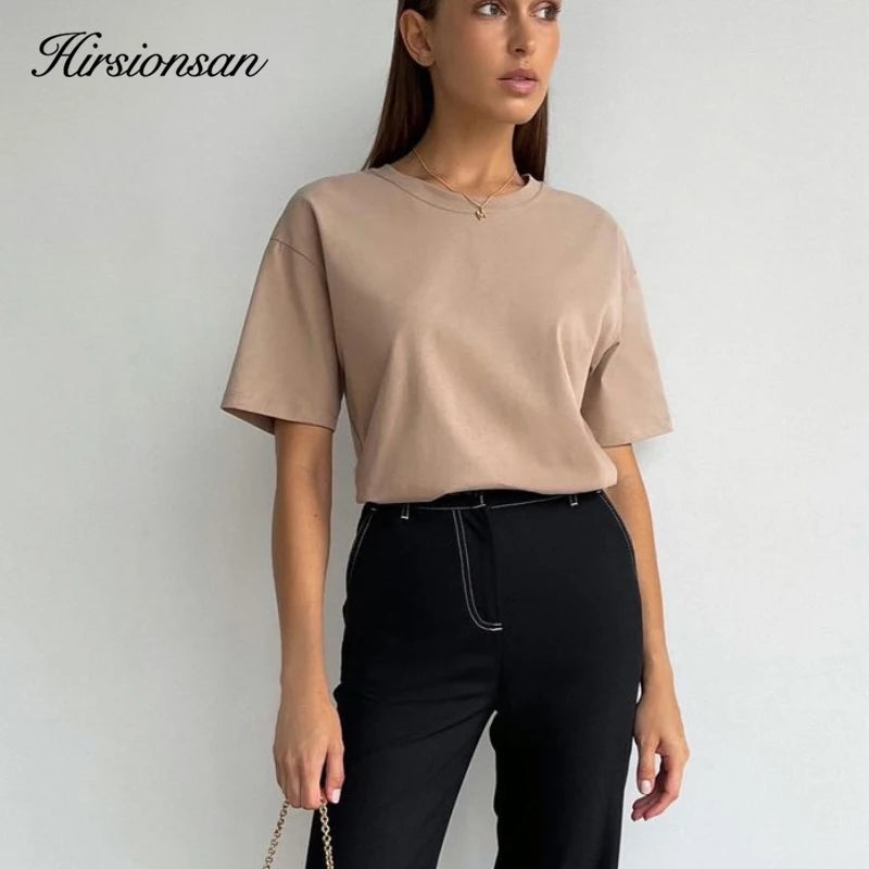 Hirsionsan 100% Cotton Oversized T Shirt Women Harajuku Basic Loose Short Sleeve Tees Soft Female Solid Tops Khaki Summer Jumper