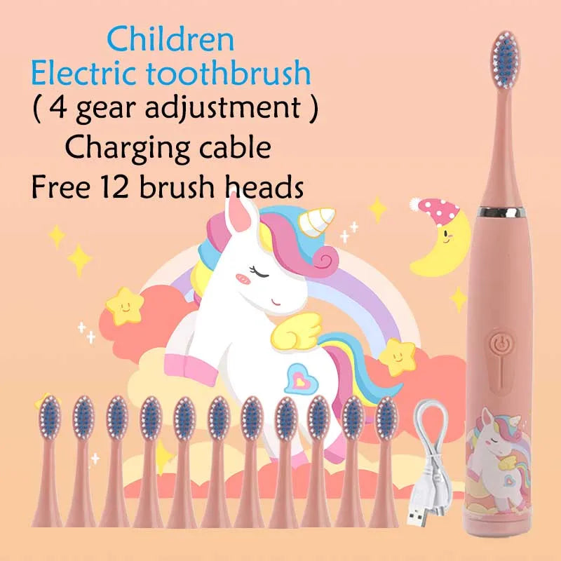 Children Electric Toothbrush Cartoon Kids With Replacement Head Ultrasonic IPX7 Waterproof Rechargeable Sonic Toothbrush